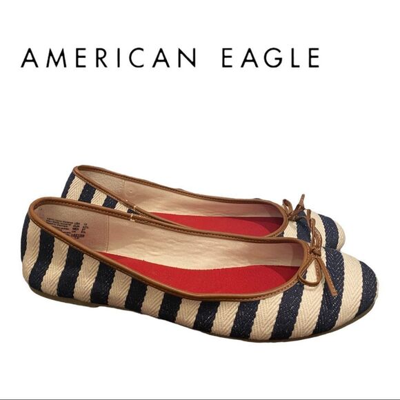 American Eagle Striped Fabric Women's Bow Ballet Flats 10 - Picture 1 of 5